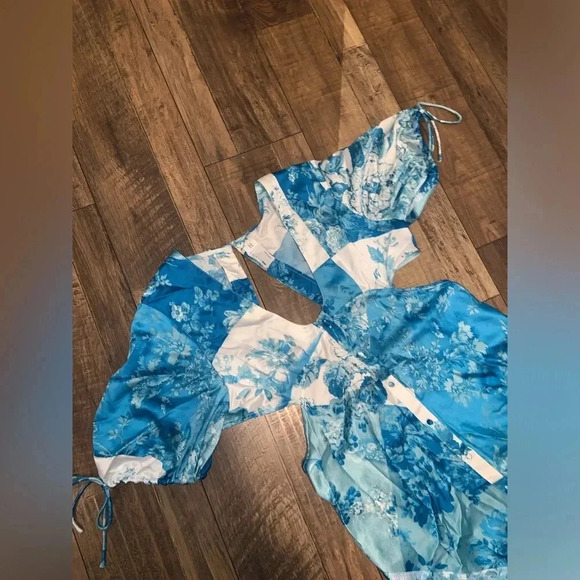 ASOS DESIGN satin midi dress button spring boho cutout in patchwork blue floral - Picture 8 of 8